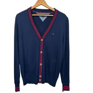 Tommy Hilfiger Men’s Navy Blue Red Stripe Cotton Cardigan Sweater Size Medium